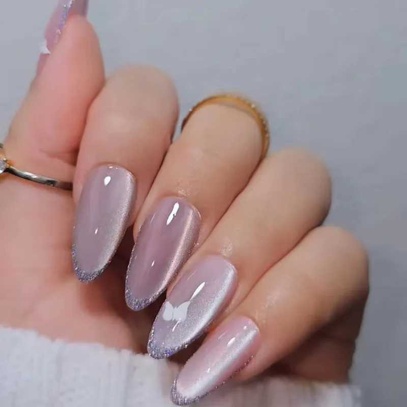 24pcs almond fake nails with amber stripe design can be worn in long and thin high-heeled shoes fake nails blue French full cover decorative nails W24