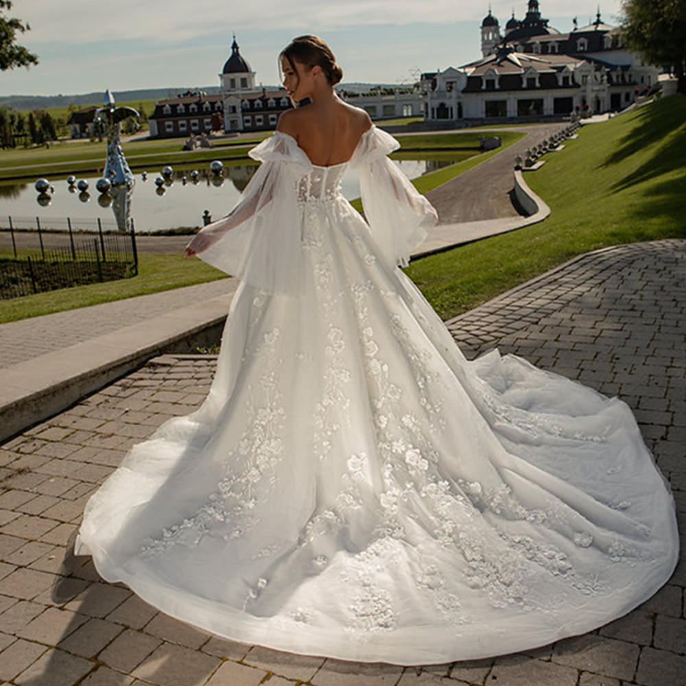 New Spaghetti Tulle A-line Wedding Dresses 2024 Illusion Bodice 3D Flowers Appliques Lace Sweep Train Princess Dress 04