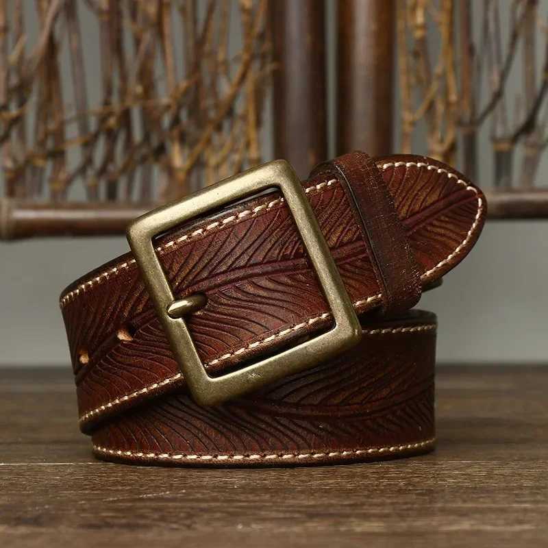 High quality genuine leather belt brass buckle fashionable retro jeans denim belt designer carved belt mens 3.8cm W240905
