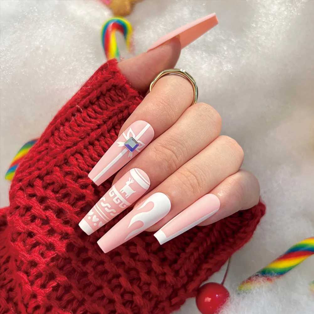 24 Christmas Elk White Snowflake Red Detachable Wearable Fake Nails Pressing Nail Art Flash Reusable Fake Nails W240905