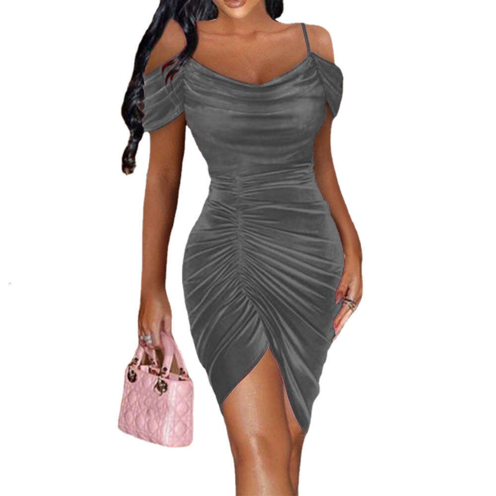 2024 Spring Sexy Slimming Strap Fluffy Drawstring Irregular Dress