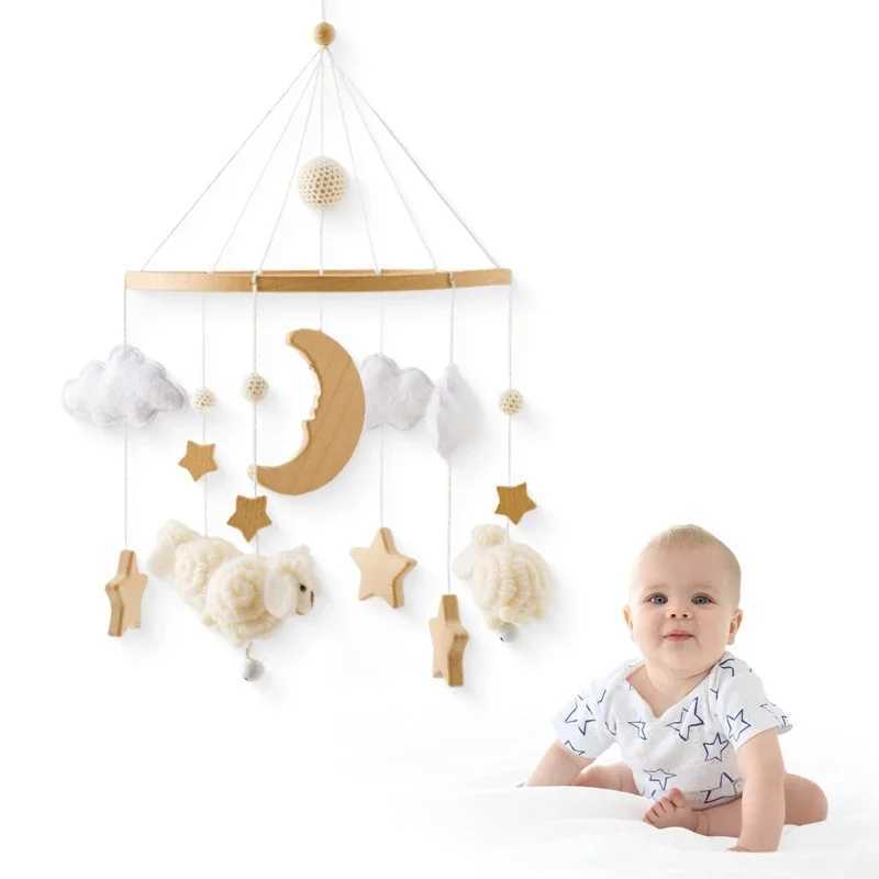 Wooden baby mouse mobile 0-12 months soft felt cartoon sheep star moon crescent music box hammock Bell mobile baby crib bracket toy W240815