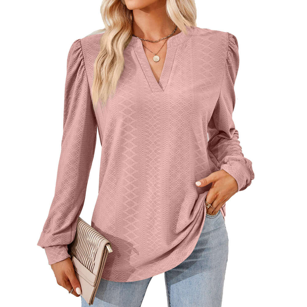 2024 Autumn/Winter New Solid V-Neck Jacquard Long Sleeve Loose T-shirt Top for Women