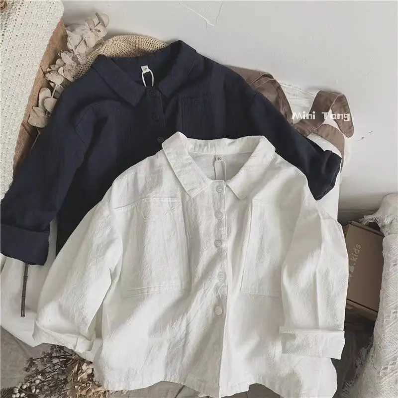 Spring and Autumn Boys Shirt Japanese Style Retro Long Sleeve Polo Collar Cotton Linen Shirt Childrens Baby Top Outer Coat Y240906