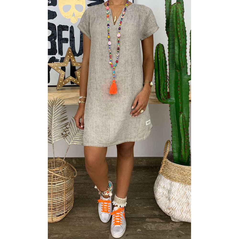 2023 new summer loose solid color short sleeved V-neck cotton linen dress for women