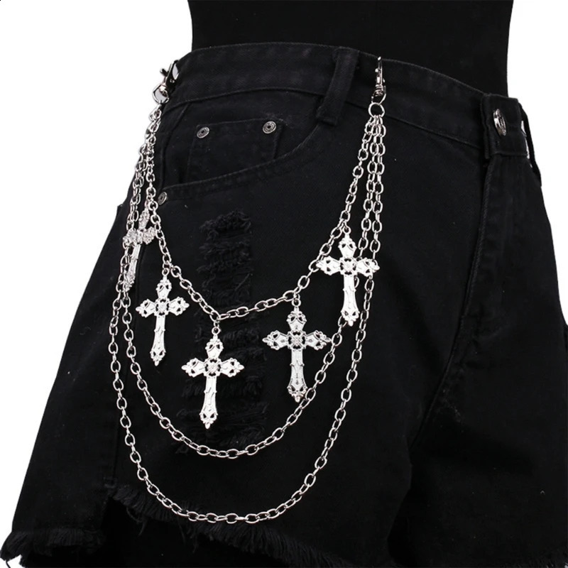 Punk jeans pants chain multi-layer chain punk cross charm waist wallet chain Harajuku belt hip-hop dancer 240905