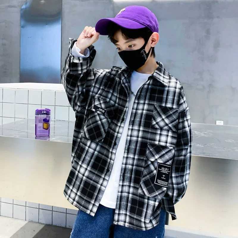 Boys Blouses Teenagers Outerwear Grid Printed Shirts 2024 Spring Autumn Kids Fashion Jacket 4 To 10Yrs Childrens Clothing Y240906