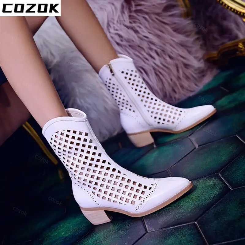 White mesh boots hollow short boots womens summer mid heel 2022 new cool boots breathable boots Pointed Toe Western cowboy boots CL240906