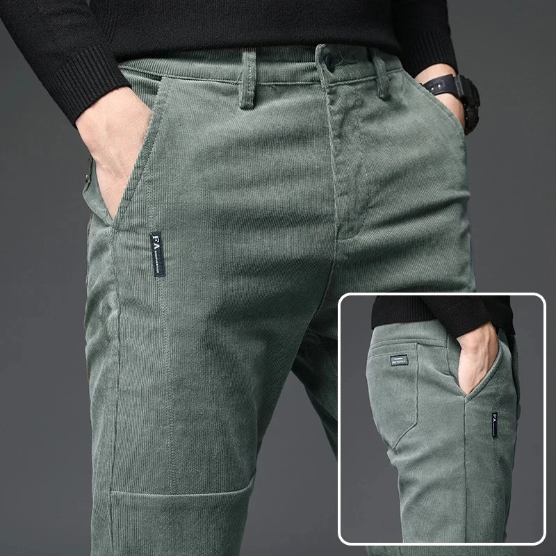 Autumn and winter straight slim fit elastic mens Corduroy pants solid loose casual thick Trouser size 2838 240905