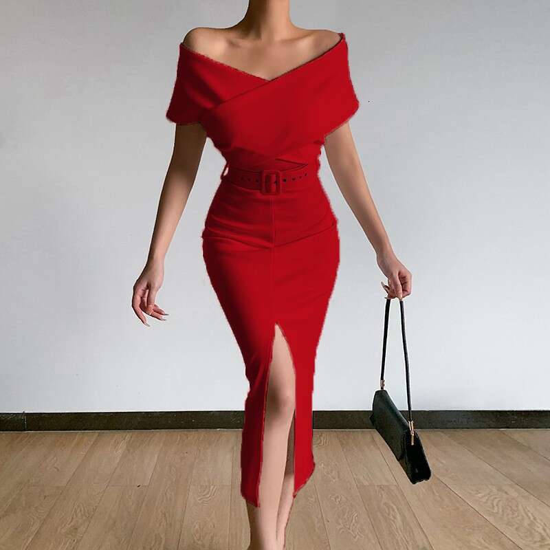 Spring summer elegant temperament commuting simple and light mature new style off shoulder belt slit skirt