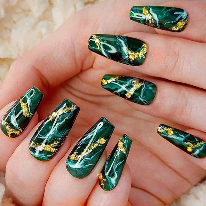 24 pieces of short purple fake nail leaves French design gold foil wearable fake nails coffin ballet nail tip full cover press W240905