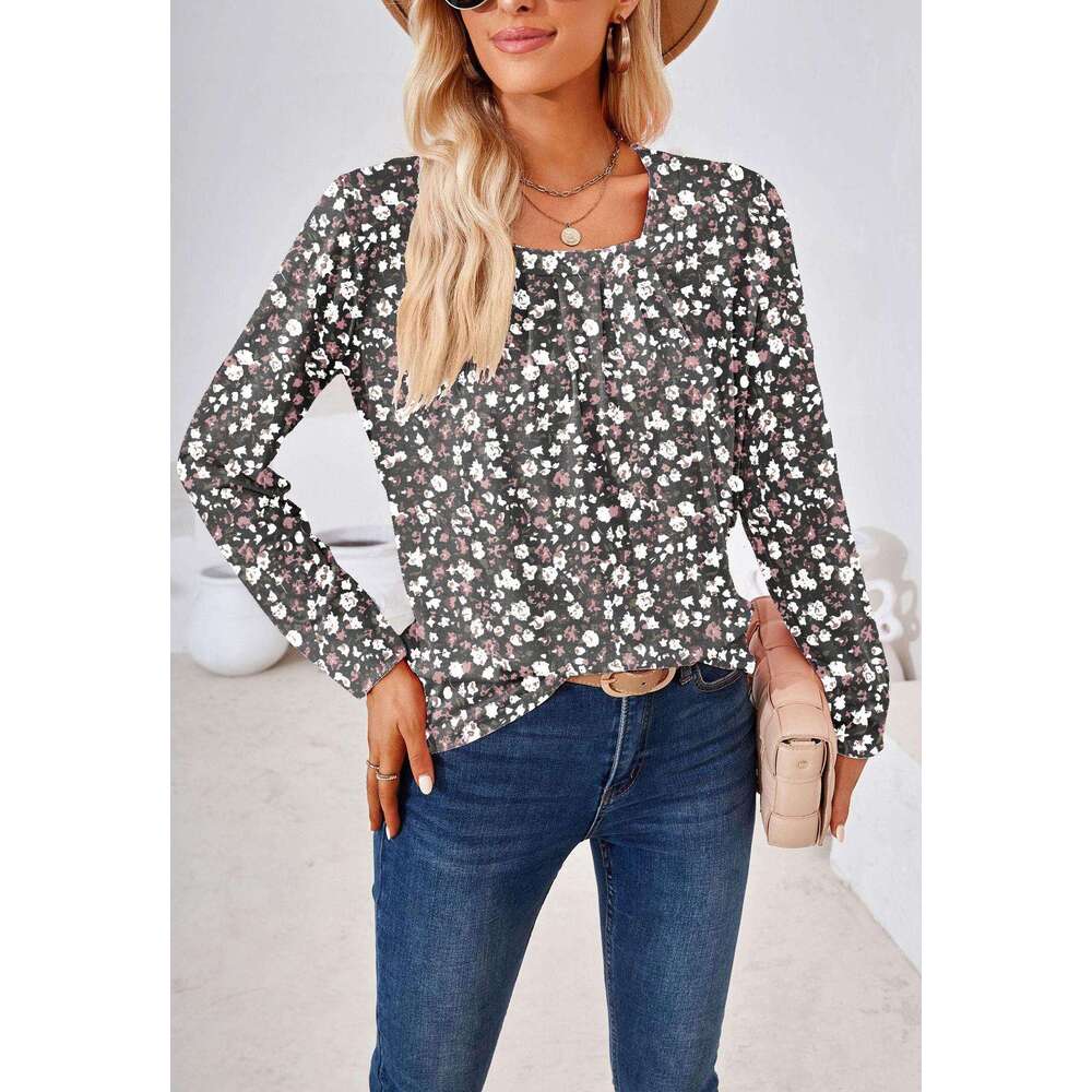 2024 Autumn/Winter Temu Square Neck Pleated Jacquard Long Sleeve Loose T-shirt Top Female