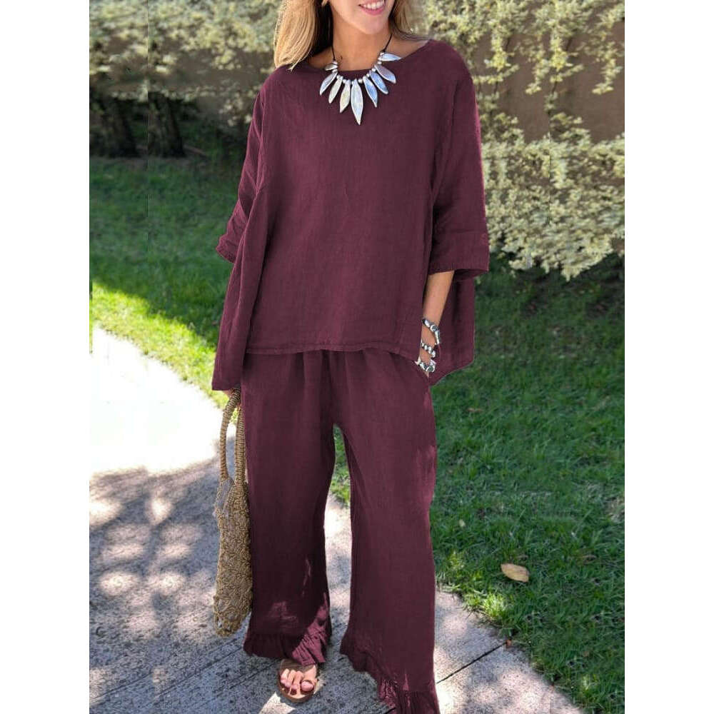 2024 Summer New Cotton and Hemp Women's Fashion Solid Color Loose Casual Pants Two Piece Set