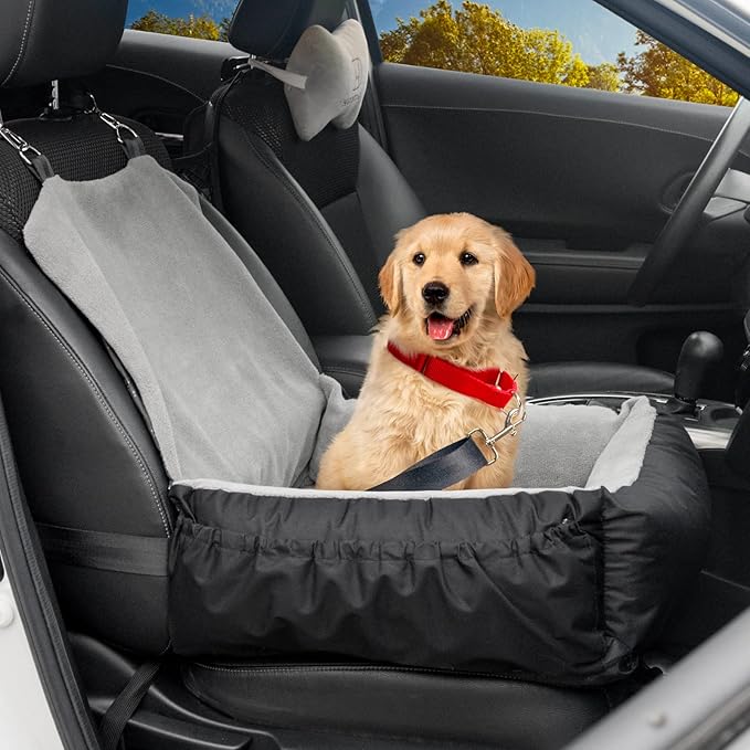 Pet Car Seat with Storage Pockets and Clip-On Safety Leash, Washable Coral Fleece Dog Booster Seat for Small Medium Dogs, Small Dog for Travel Dog Car