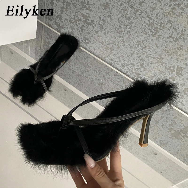 Eilyken Faux Fur Slipper High Heels Shoes Fall Street Females Square Head Toe Clip-On Sandals Women 240904