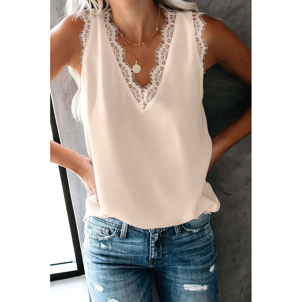 Summer base vest T-shirt for women 2024 summer new V-neck eyelash lace sleeveless loose top