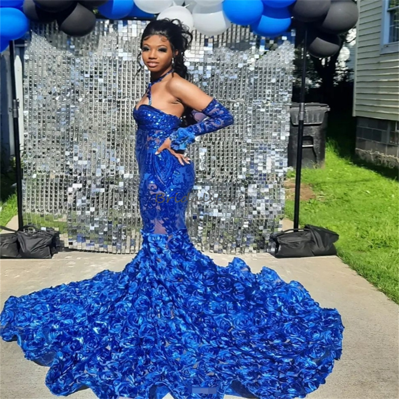 Shine Royal Blue Prom Dresses 2025 Halter Sequin Trumpet Mermaid Evening Gowns For Black Women 3D Florals Birthday Party Dress Robe De Soiree elegante