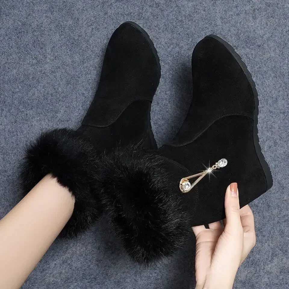 Winter Fashion Womens Wedge Ankle Boots Increase Height Shoes High Heels Metal Rhinestone Botas Mujer 2024 CL240906