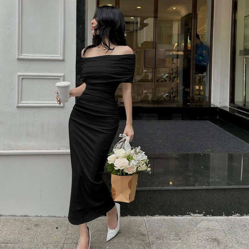 2023 Spring Off Shoulder Pleated Fit Slim Split Bottom Long Dress