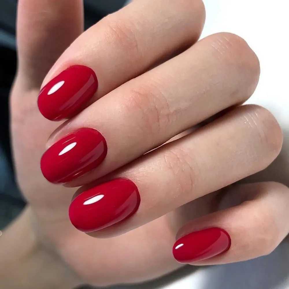 24 shiny wine red oval shaped short fake nails designed for DIY finger tip manipulation tools W240905