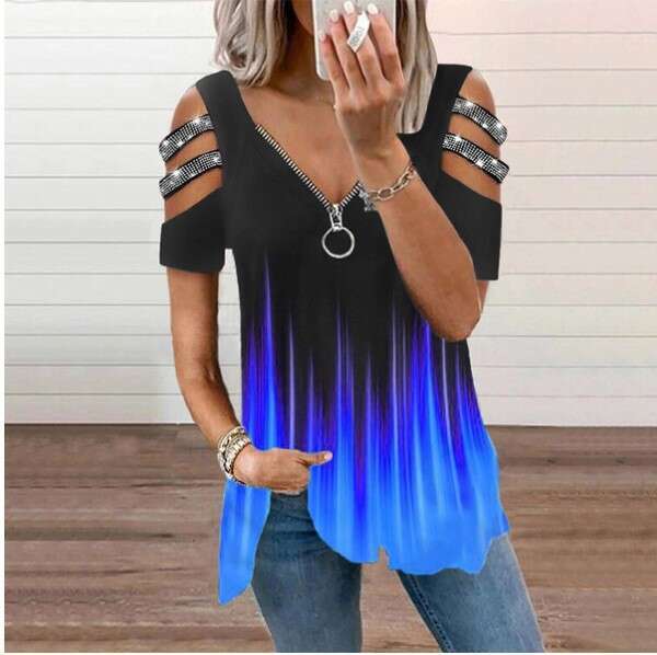 2024 V-neck zipper pullover printed short sleeved loose T-shirt Women's top