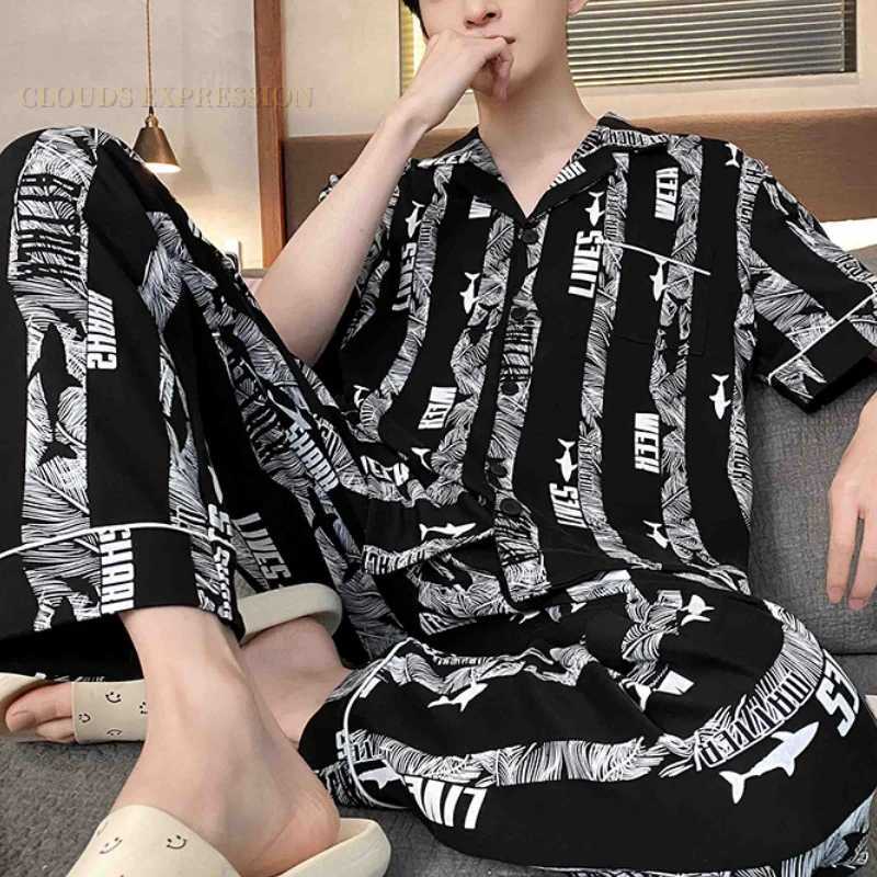 Summer Knitted Plaid Mens Pyjamas Plus 4XL Pajama Sets Casual Pjs Lounge Masculine Sleepwear Nightwear Pijamas Homewear Fashion Y240906