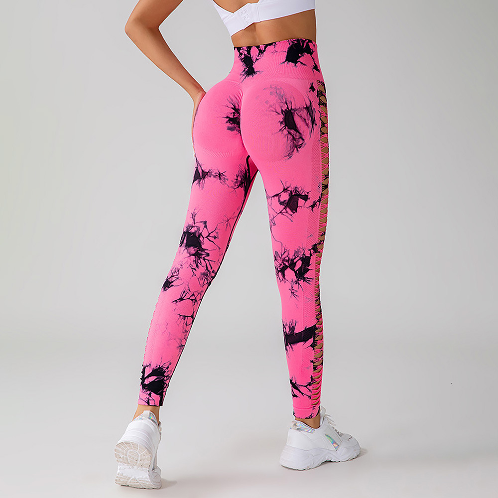 Seamless tie dye nude peach hip hollow out quick drying fitness beauty sports yoga pants for women