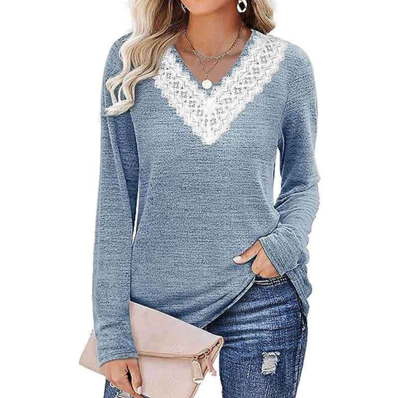 2024 Autumn/Winter New Solid V-Neck Loose Relaxed Long Sleeve T-shirt Top Womens Wear