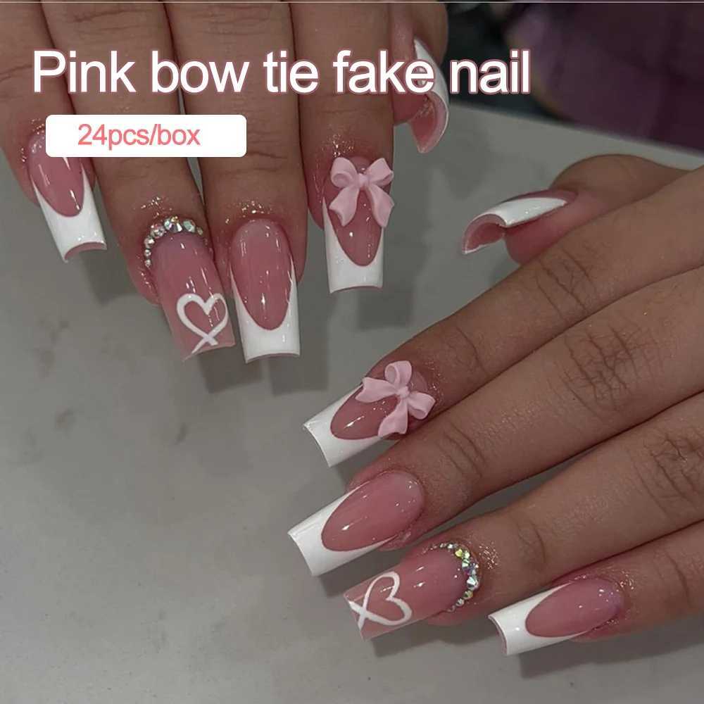 24 pieces/box Pink Bow Fake Nail Love Color Diamond Handmade Nail Set Press French V-shaped DIY Nail Art Decoration W240905