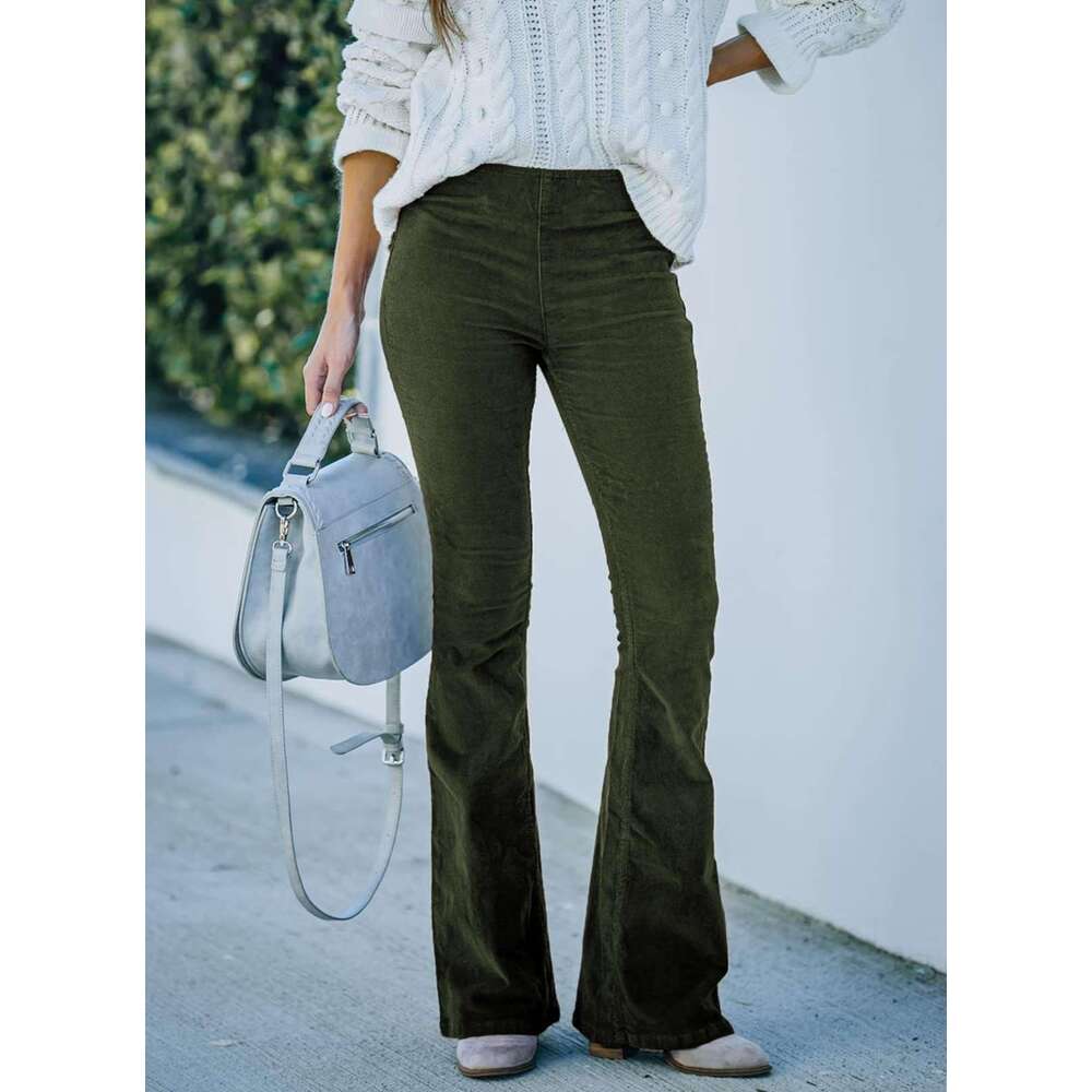 2024 Spring/Summer Women's Solid Color High Slim Fit Micro Flare Corduroy Elastic Waist Casual Pants