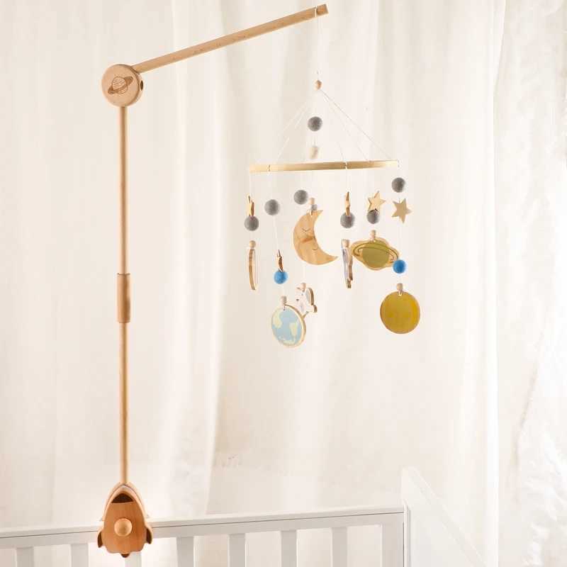 Wooden baby rocket bed bell holder planetary pattern newborn mobile baby bed hanger toy holder adjustable frame bedding W240815