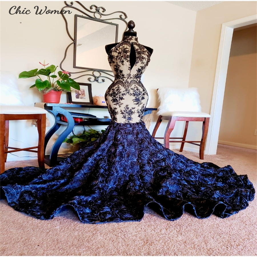 Nigerian Mermaid Black Prom Dresses With 3D Florals Keyhole Front Black Women Evening Dress Lace Customize Birthday Party Gown 2025 Bespoke Fromal Occ