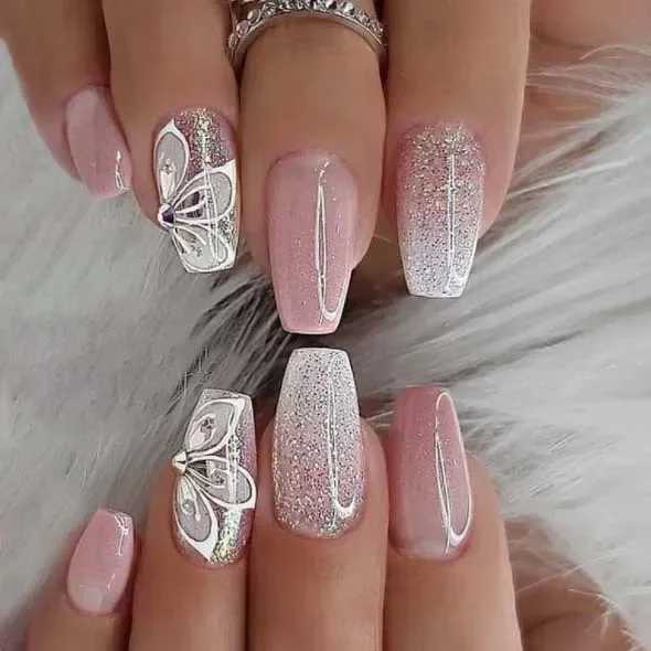 24 pieces pressed onto wearable fake nails pink gradient shimmer butterfly rhinestone fake nails fully covered acrylic nail tips W240905