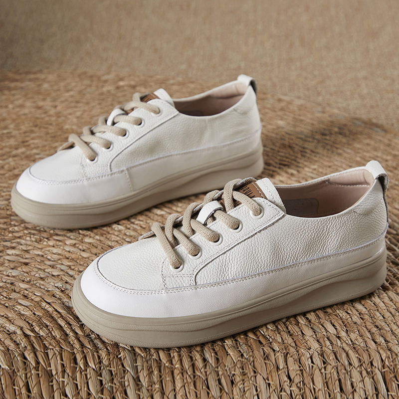 2024 four seasons new flat soft bottom fashion head layer cowhide hundred tie leisure board shoes small white shoes single shoes female
