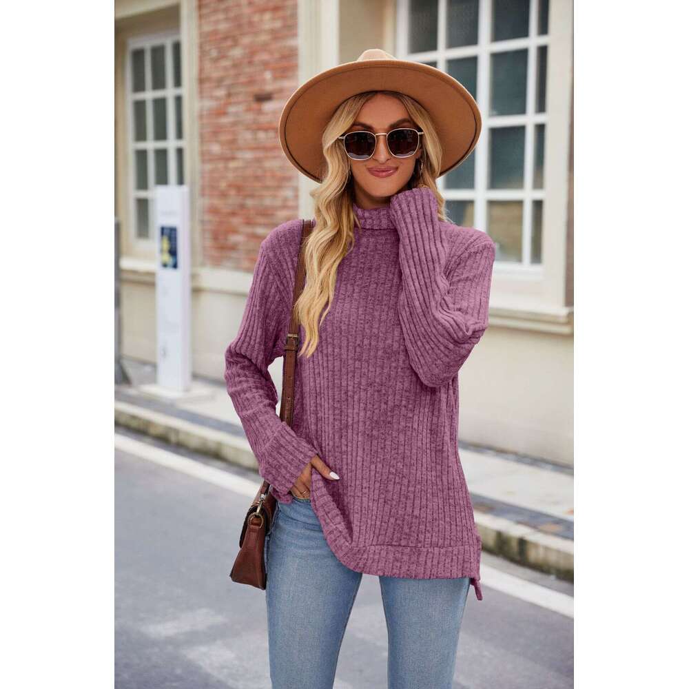 Autumn/Winter New High Neck Loose Long Sleeve Split T-shirt Top for Women