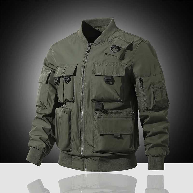 Mens jacket Spring and Autumn loose casual top Functional multi pocket work jacket Flying jacket Motorcycle tactical jacket Y240906