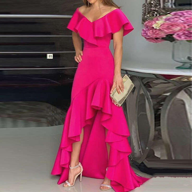 2023 temperament V-neck ruffled irregular elegant dress