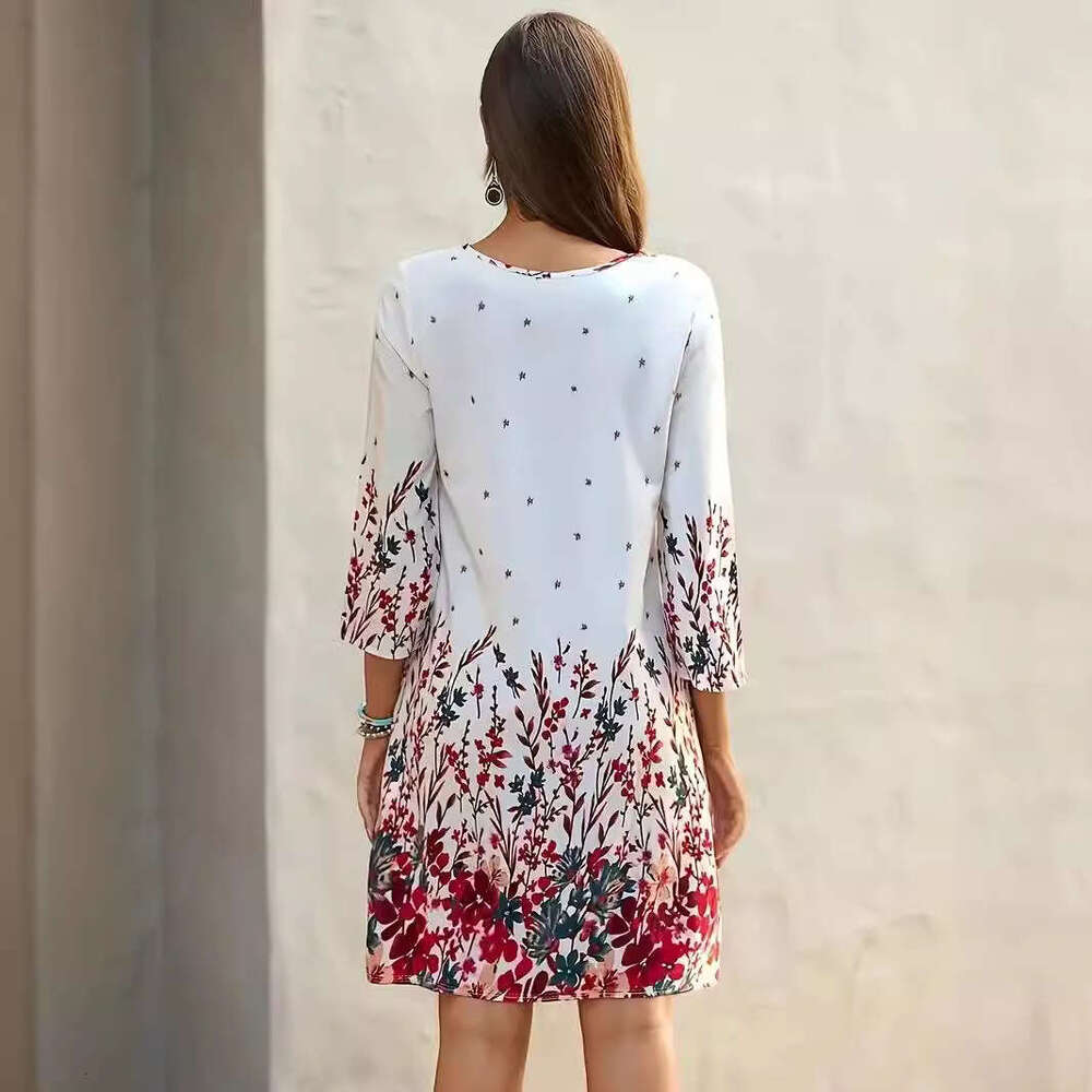 TMEU Women's New Printed Fashion V-neck Floral Dress for Spring and Summer 2024