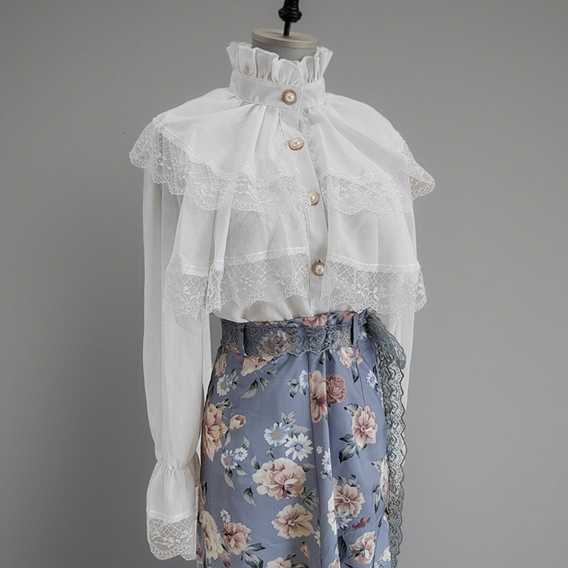 Vintage French Women Shirts Lace Lolita Elegant Long Sleeve Flounce Blouse High Quality Office Lady New Fashion Chic Female Tops