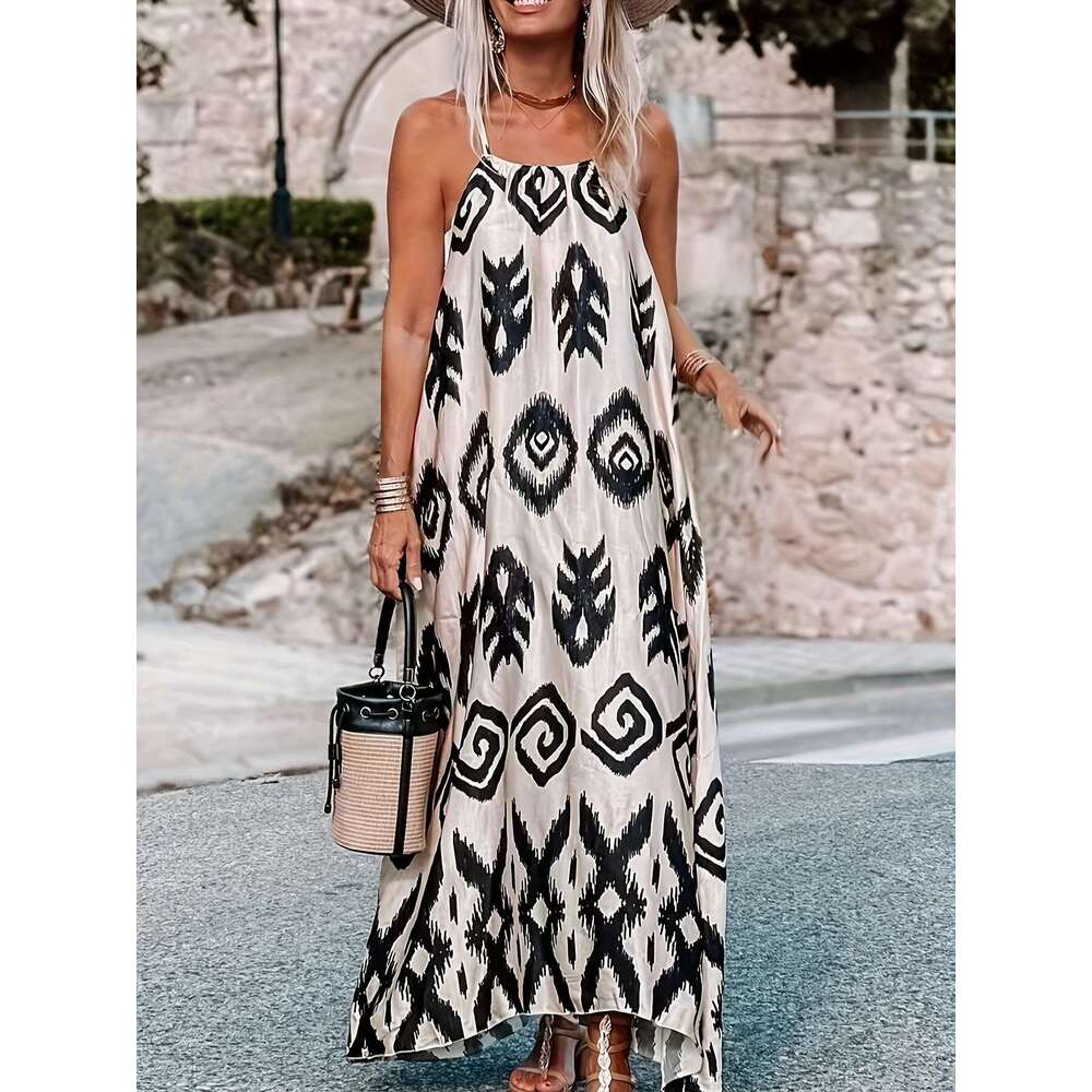 2024 Spring New Sleeveless Headband Women's Fashion Versatile Loose Print Long Dress for Women