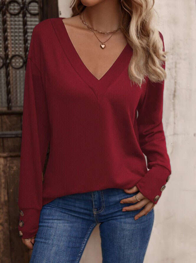 2024 Womens Autumn/Winter New Solid Color V-neck Loose Long sleeved T-shirt Button Up