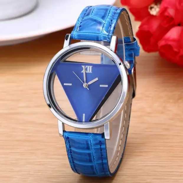 Womens Watch Fashion Designer Womens Triangle Watch Unique Hollow Dial Quartz Watch Blue Leather Strap Reloj W240902