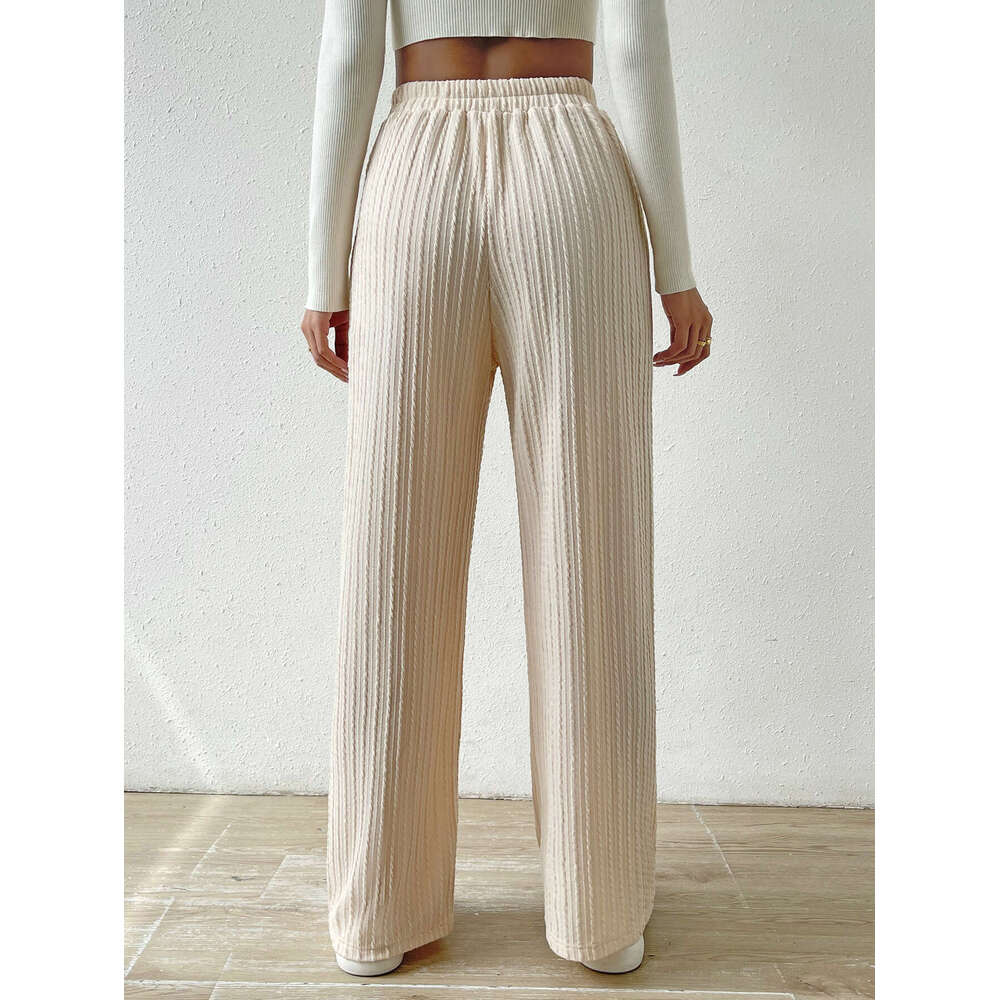 2024 New Texture Knitted Wide Leg Pants Elastic High Waist Solid Color Casual Loose Straight Women's Wear
