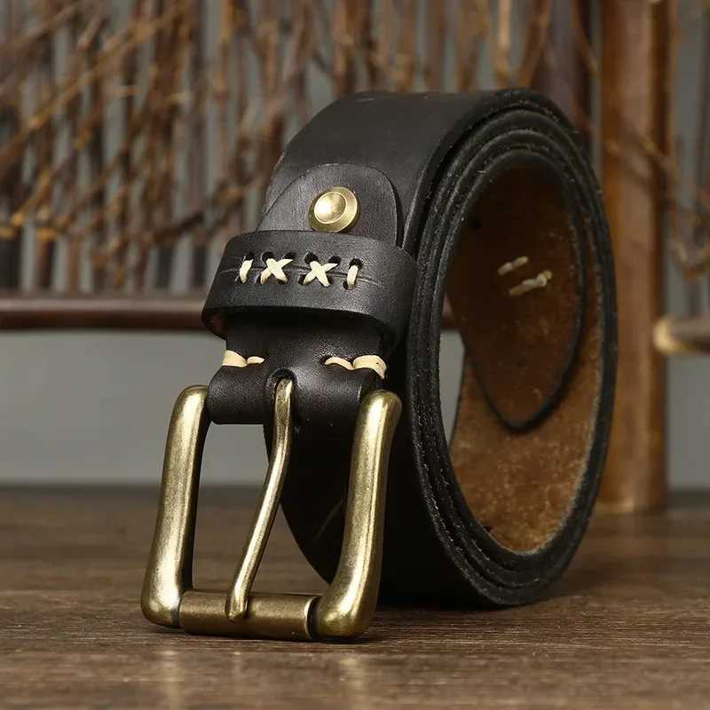 3.8CM mens high-quality genuine leather belt luxury designer brass pin buckle belt pure denim retro shoulder strap mens jeans W240905