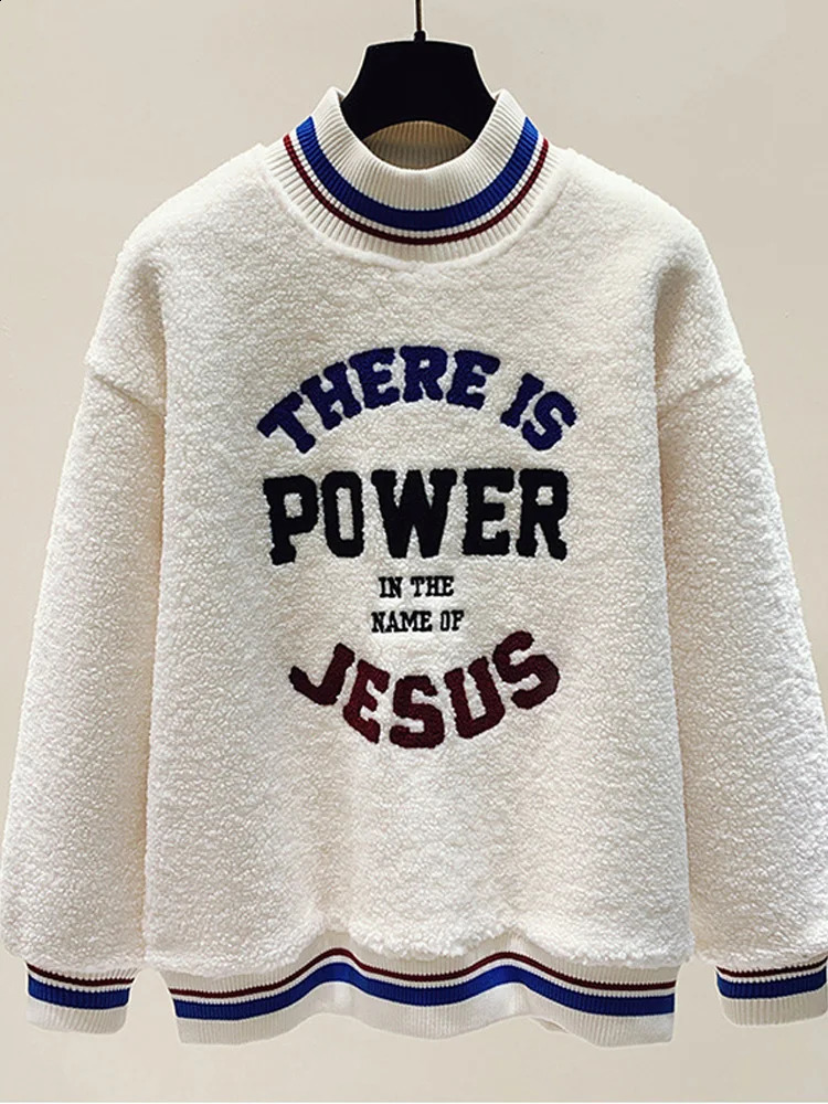 Plush and Thicken Sweatshirts Women Autumn Winter Loose Embroidered Letter Mock Neck Casual All-match Keep Warm Top 240906