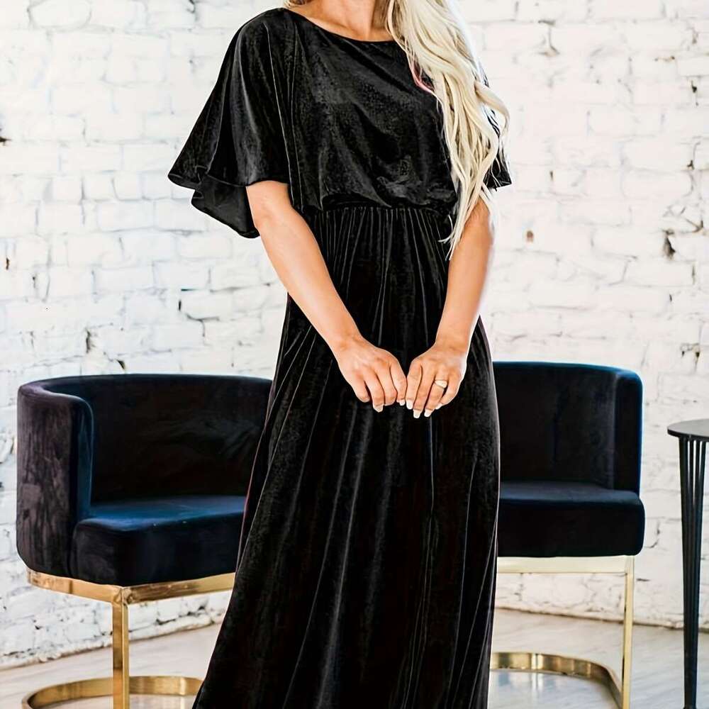 2024 French First Love New Spring and Summer Short Sleeve Sexy Charm Gold Velvet Round Neck Dress