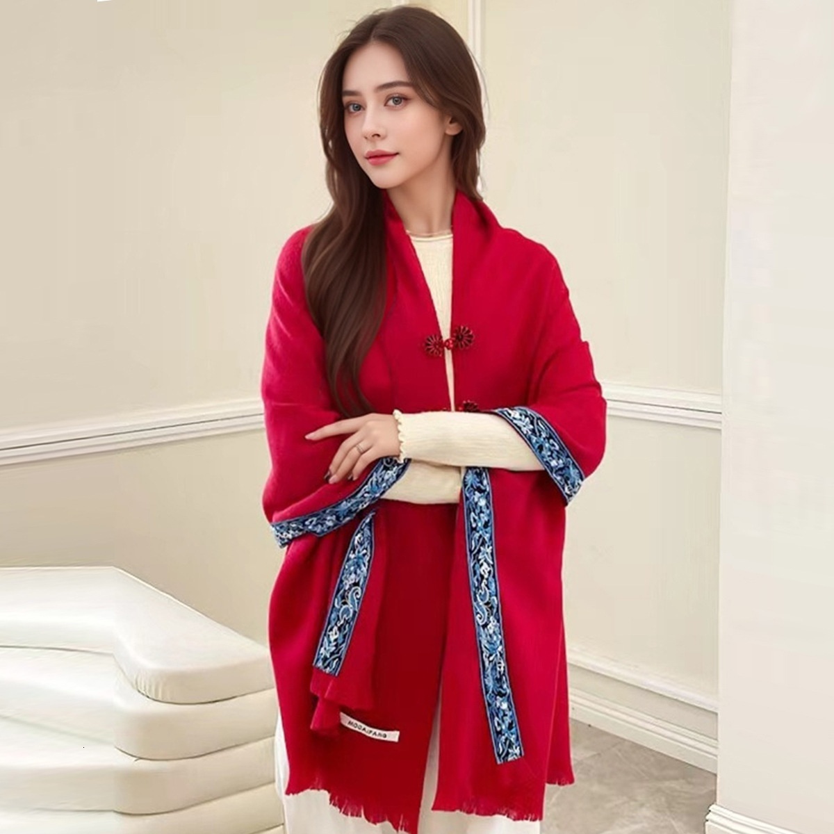 New ethnic style shawl with antique style buckle, multifunctional embroidery, warm and fashionable imitation cashmere shawl scarf