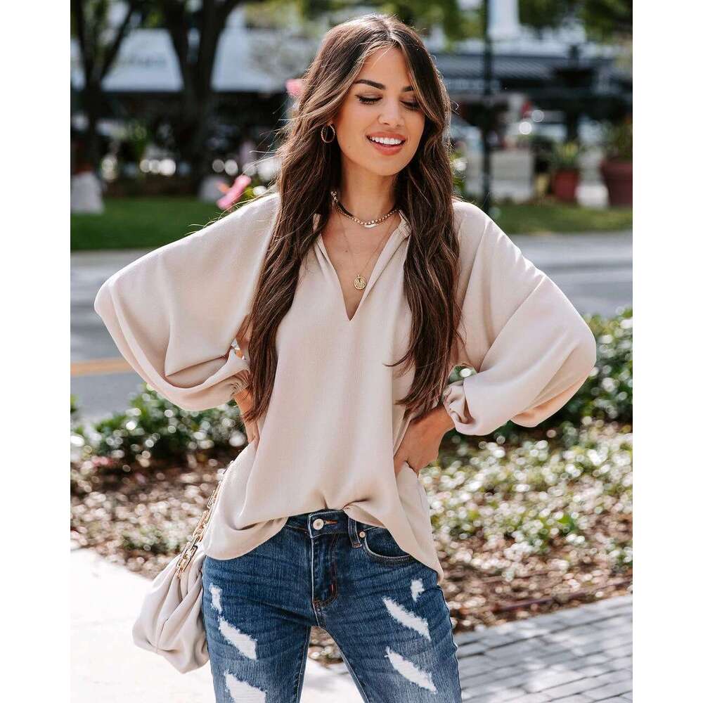2024 Spring and Autumn New Women's Cool Long Sleeve Shirt Solid Color Comfortable Casual V-neck Loose Top