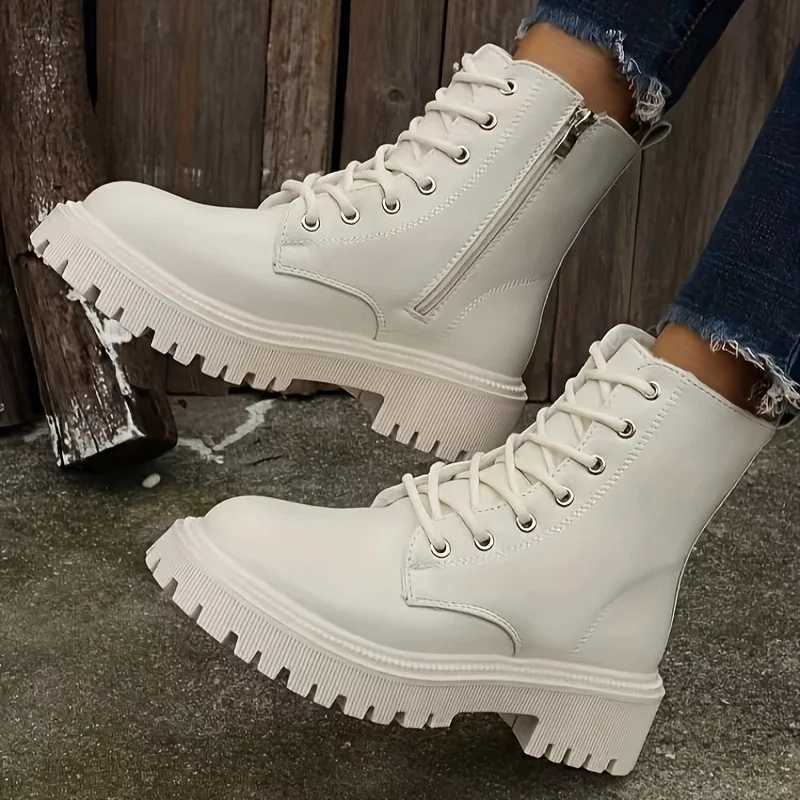 Womens Platform Boots Short Plush Solid Color Lace Side Zipper Ankle Boots Winter Womens Shoes 2024 Large 42 Womens Shoes CL240906