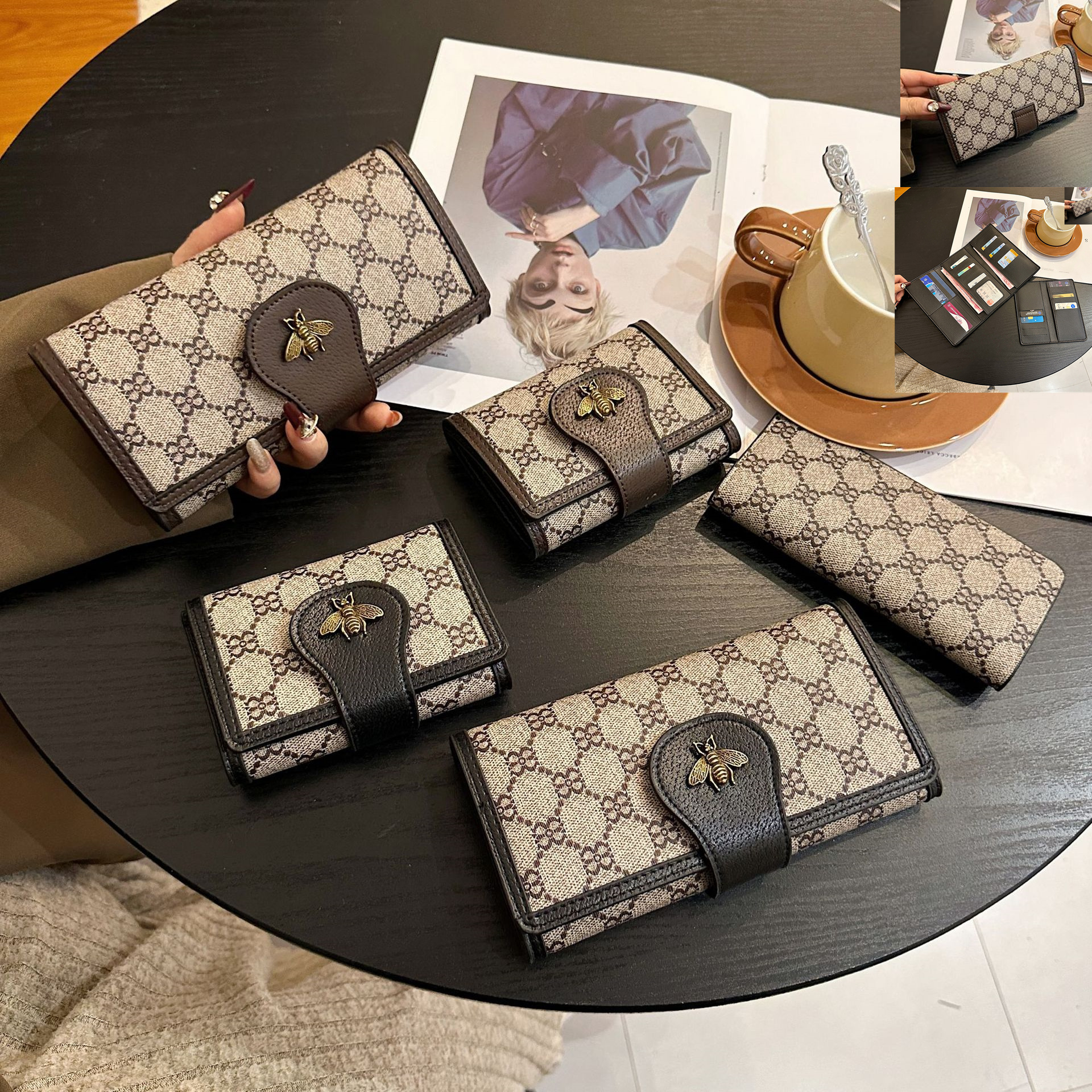 Elegant women's wallets this year's popular printing retro long wallet folding wear resistant color matching leather clutch bag multi function buckle card package